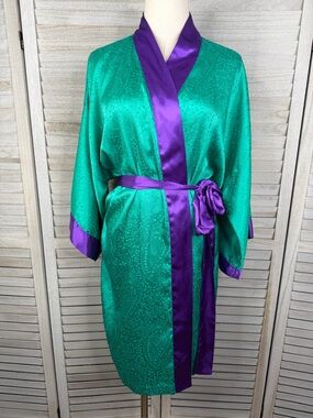 VICTORIA'S SECRET Vintage 90's Gold Label Satin Kimono Robe Emerald/Purple-OSFA